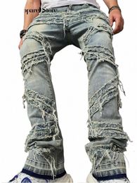 vintage Stylish Ripped Patch Jeans Pants Men Solid Casual Straight Streetwear Man Autumn 2023 New Fi Denim Men's Clothing f2am#
