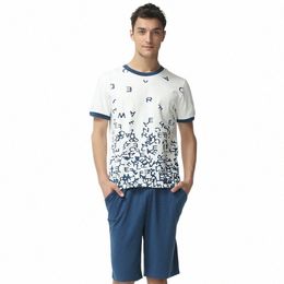 summer Men Casual Pyjama Sets Male Cott Sleepwear Suit Men's Short Sleeve O-neck Collar T Shirt & Half Pants Home Wear v7Cz#