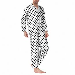 pajamas Men 80S Style Design Leisure Sleepwear Black Polka Dots Two Piece Aesthetic Pajama Sets Lg Sleeve Oversized Home Suit U8en#