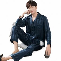 pants Male Set Print Faux Piece Silk Sleepwear Lapel Pyjama Shirt 2 Pijama Striped Sleeve Pyjama Satin Men's Lg Suits Homewear a1mN#