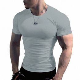 casual Solid Color Slim Fit Mens T-shirts Fitn Training Short Sleeve O Neck Strech Tight Tees 2023 Spring Summer Men Clothes 43a3#