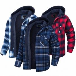 winter Men's Hooded Jacket Drawcord Fi Men's Thickened Hooded Cott Windproof Jacket Plaid Shirt Casual Jacket Travel Jack S70W#