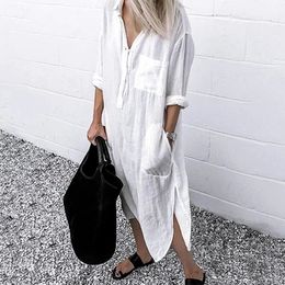 Summer White Shirt Dress Women Long Sleeve Turndown Collar Side Split Pocket Female Solid Loose Beach Robe 240326