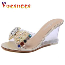 Diamonds Wedge Shoes Slope Heel Sandals Female Summer Sexy Crystal Transparent Highheeled Water Drill Slippers 240318