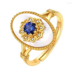 Cluster Rings Court Style Retro Blue Gemstone Engagement For Women Ancient Gold Craft Inlaid Oval Fritillaria High-end Fine Jewelry Gift