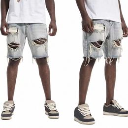 men Denim Shorts Ripped Jeans Shorts Men's Summer Distred Denim Shorts Straight Fit Ripped Holes Knee Length Jeans with Multi h4wi#