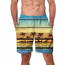 men's Hawaiian Board Shorts Trendy Scenery Print Breeches Knee Swimming Trunks Elastic Double Pocket Shorts Beach Vacati Pants K0nT#