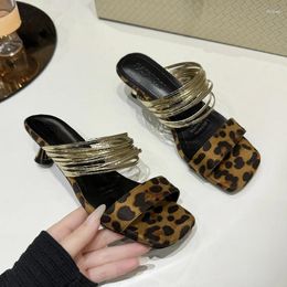 Slippers Leopard Women Square Toe Shoes Summer Slingback Sandals 2024 Open Low Heels Flip Flops Pumps Femme Slides