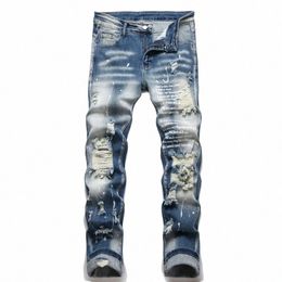 men Y2k Stretchy Denim Jeans Ripped Skinny Letter Print Elastic Waist Casual Pants for Men Hole Slim Fit Streetwear Men Trousers W2jf#