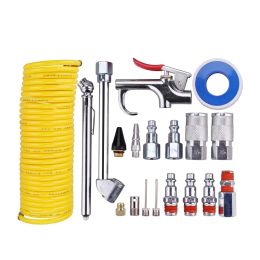 Hulpmiddelen 20 Pieces Air Compressor Accessory Kit, 1/4 Inch NPT Air Tool Kit with 1/4 Inch x 25Ft Coil Nylon Hose/Tire Gauge