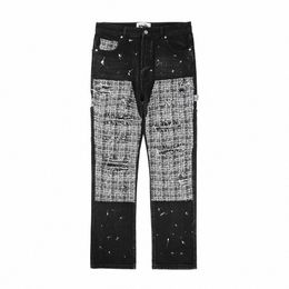 high Street Patchwork Hole Distred Painted Jeans Pants for Men Straight Y2K Baggy Casual Cargos Oversized Denim Trousers h52C#