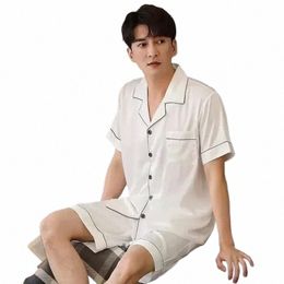 pajama Silk Summer Elastic Sleeve Shorts Satin Night Male Men Waistband Wears Sets Tops Home Butt Sleepwear Lounge Short Suit T7CD#