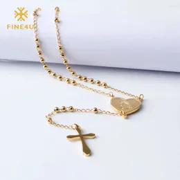 Pendant Necklaces FINE4U Jesus Christ Crucifix Necklace For Women 316L Stainless Steel Long Rosary Beads Virgin Mary Heart