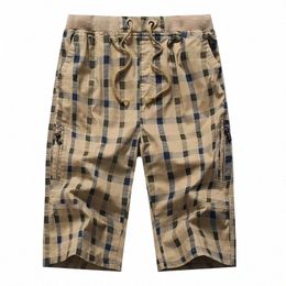 lg Shorts Men Plaid Capris Cott Summer 3/4 Length Trousers Back Zipper Pocket Bermuda Male Elastic Waist Breeches Men S57I#