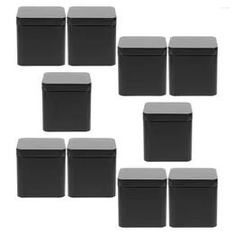 Storage Bottles Loose Tea Jars Tinplate Small Square Portable Metal Can Set 10pcs (black)