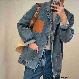 Designer High end product, classic Luo Jia leather label, long sleeved denim jacket, Korean version, lapel, loose zipper, casual couple, same style YBTM