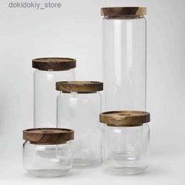 Food Jars Canisters Storage tank transparent lid sealed tank Acacia wooden box storage tank vacuum tank candy and food storage containerL24326