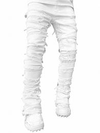 растягивающиеся белые мужские джинсы со стопкой High Street хип-поп брюки для мужчин лоскутные брюки с кисточками поврежденные джинсовые брюки полной длины J20h #