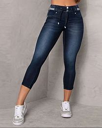 Spring Autumn Womans Pure Color Jeans Vintage Denim Drawstring Pocket Design Skinny Jeans Ankle Length Streetwear Women Pants 240319