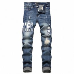 blue Perforated Patch Embroidered Badge Jeans Small Foot Elastic Mid Rise Denim Pants Male a42p#