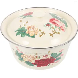 Double Boilers Enamel Basin Storage Salad Bowl Camping With Lid Vintage Pot Kitchen Retro