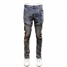 retro Stitching Stretch Denim Jeans 2022 Autumn Winter Men's Motorcycle Slim Casual Designer Lg trousers Fi Cargo Pants r3Ql#