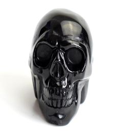 19 INCHES Natural Chakra Black Obsidian Carved Crystal Reiki Healing Realistic Human Skull Model Feng Shui Statue with a Velvet P4993896