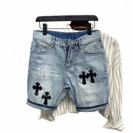 trendy cross leather slim denim shorts men's summer persalized Korean style wed blue cropped pants d0yE#