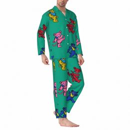 colorful Bear Sleepwear Autumn Fun Animal Print Vintage Oversized Pajamas Set Man Lg-Sleeve Cute Soft Bedroom Design Nightwear E2VK#