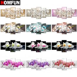 Stitch HOMFUN 5pcs Full Square/Round Drill 5D DIY Diamond Painting "Orchid peony lily" Multipicture Combination Embroidery 5D Gift