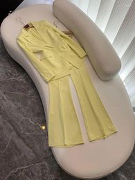 Women's Two Piece Pants Designed Lady Office Basic Solid Suit Single Button Slim Fitted Blazer Loose Flared Women 2Pcs Yellow