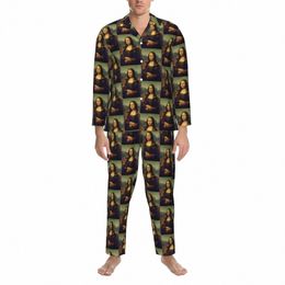 ma Lisa Pajamas Men Famous Painting Comfortable Bedroom Sleepwear Autumn 2 Pieces Casual Oversized Custom Pajama Set u0XJ#