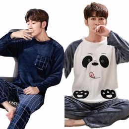 two Piece Men Autumn and Winter Warm Flannel Pyjamas Sets Blue Lg Sleeve Elastic Sleepwear Solid Soft Casual O-Neck homewear U77C#