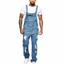 fi Cool Men's Jumpsuit Light Blue Suspender Pants Ripped Denim Trousers Street Casual Youth Pocket Splicing Butt Jeans 23 y7K7#