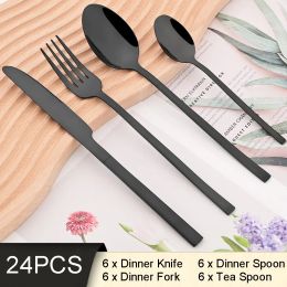 Sets 24Pcs Black Dinnerware Set Knife Fork Coffee Spoon Cutlery Set Stainless Steel Flatware Western Kitchen Silverware Tableware