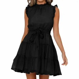 Casual Dresses Summer Women'S Women Dress Sleeveless Ruffle Belt Layered Mini Swing Ladies Sexy Y2k Vestidos Dres Party