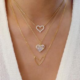 Chains Boho Gold Colour Multilayer Heart Pendant Necklace For Women Vintage Crystal Hollow Love Charm Chain Wedding Jewellery