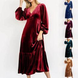 Casual Dresses Temperament Solid Colour Velvet Formal Dress Party Skirt Women's Elegant V Neck Waist Puff Sleeve Hem Ruffle Long Gowns