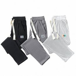 men's Summer Soft Lyocell Fabric Trousers Thin Baggy Straight Wide Leg Pants Drawstring Elastic Waist Korea Jogger Casual Pants Z0Mf#