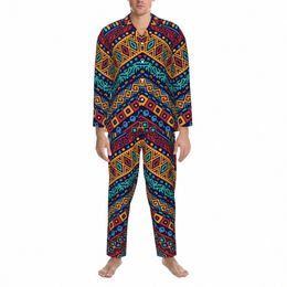 african Tribal Pyjama Sets Vintage Print Fi Sleepwear Men Lg-Sleeve Casual Night 2 Pieces Nightwear Large Size 2XL g8Pg#