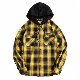 men's Hooded Streetwear Thick Shirts Spring Autumn Men's Plaid Shirt Harajuku Colour Block Hooded Plaid Shirt Lg Sleeve H2ml#