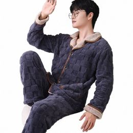 2023 Men's Warm Pyjama Sets Autumn Winter Thicken Flannel Sleepwear 2 Piece Set Loose Lg Sleeve Home Clothes Pyjamas Pjs Suit n9sw#