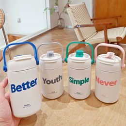 Simple double drink thermos cup high appearance level student ins fashion straw cup portable couple stainless steel cup wholesale