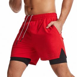 mens 2 in 1 Running Shorts Red Jogging Quick Drying Gym Fitn Sport Shorts Bodybuilding Training Double Deck Male Shorts C66S#