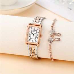 Rectangular Roman Scale with Gold Steel Band Women's Fashion Watch