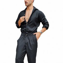 Macacão masculino de cor sólida Playsuit Butts Casual Cargo Clothes Macacão Turn Down Collar Lg Sleeve Calças de cintura grandes o4Bf #