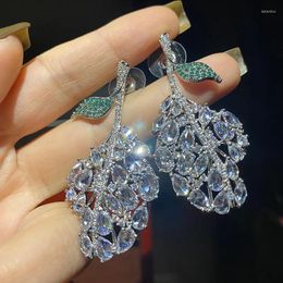 Dangle Earrings 2024 Super Sparkling Leaf Atmosphere Elegant Fairy Evening Dress S925 Silver Needle Green Flower