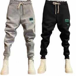 lg Trousers Lace-up Elastic Waist Trousers Thick Plush Ankle-banded Men's Pants with Drawstring Waist Patchwork Badge for Fall a2z7#