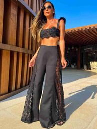 Women's Swimwear Sexy black lace three piece womens bikini set with pants lace bra high waist hollow wide legs summer beach swimsuit 240326