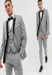 3 Piece Grey Mens Suits Black Lapel Custom Made Wedding Suits for Groom Groomsmen Prom Casual Suits JacketPantsVestBow Tie5926536